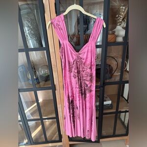 Vintage Y2K Tattoo Rose Print midi Dress Ruched Bust Stretchy grunge